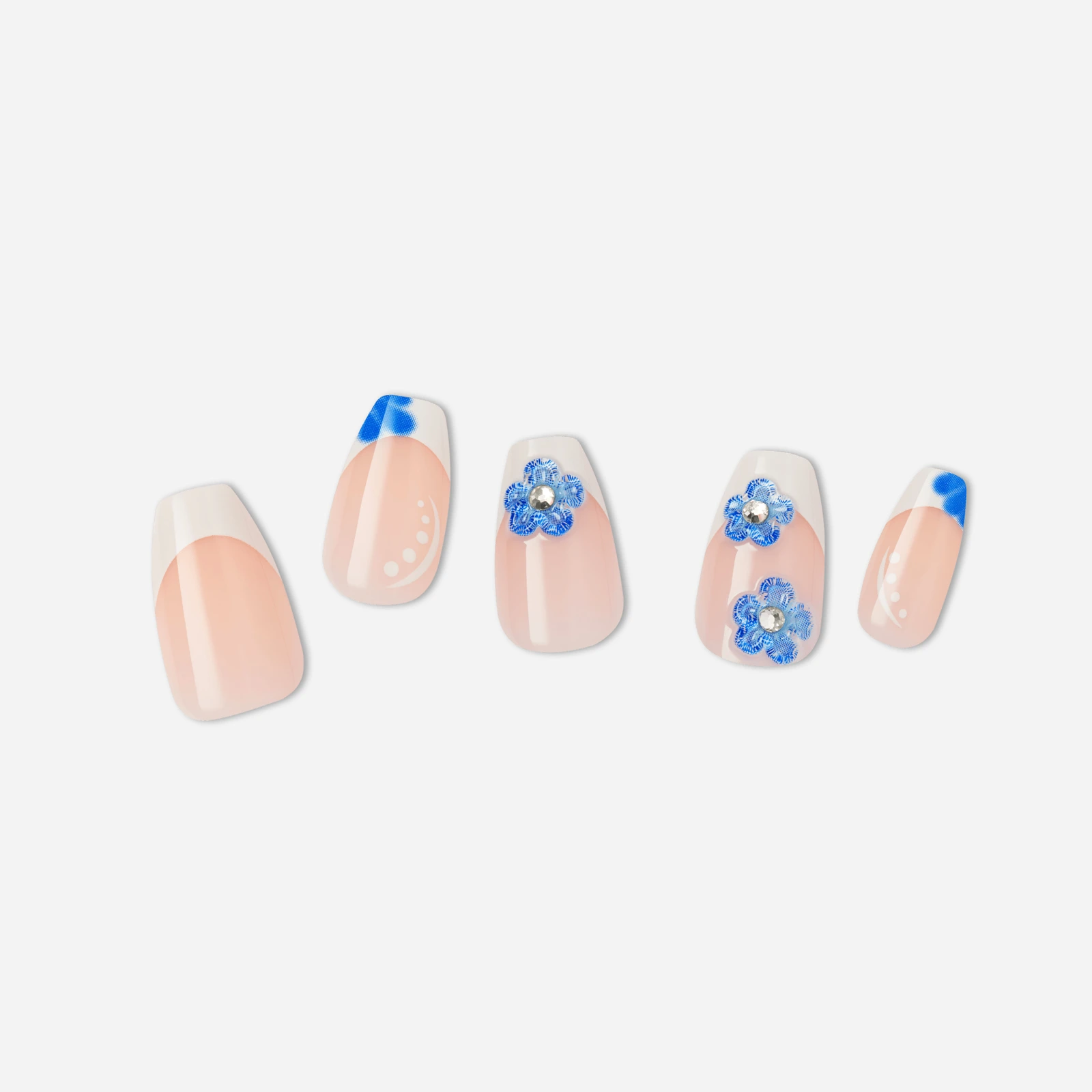 Nude · Blue · White nail art